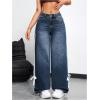 imageMakeMeChic Womens Straight Wide Leg Denim Pants Striped Bow Rise Jeans with Pocket Y2K StreetwearRegular Dark Wash