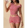 imageMakeMeChic Womens Summer 2 Piece Outfits Striped Asymmetrical Neck Knit Tank Crop Tops and Shorts SetRed and White