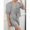 imageMakeMeChic Womens Two Piece Lounge Sets Gingham Plaid Puff Sleeve Tie Peplum Top and Shorts Pajamas SetBlack and White