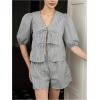 imageMakeMeChic Womens Two Piece Lounge Sets Gingham Plaid Puff Sleeve Tie Peplum Top and Shorts Pajamas SetBlack and White