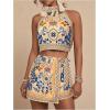 imageMakeMeChic Womens Wrap Skirt Skort Summer Linen Skirt Vacation Boho Mini Short SkirtsKhaki and Blue