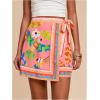 imageMakeMeChic Womens Wrap Skirt Skort Summer Linen Skirt Vacation Boho Mini Short SkirtsPink Bird Print