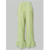 imageMakeMeChic Womens Y2K Gingham Wide Leg Pants Elastic Waist Ruffle Hem Loose Trousers LoungewearGreen
