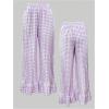 imageMakeMeChic Womens Y2K Gingham Wide Leg Pants Elastic Waist Ruffle Hem Loose Trousers LoungewearPurple