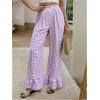 imageMakeMeChic Womens Y2K Gingham Wide Leg Pants Elastic Waist Ruffle Hem Loose Trousers LoungewearPurple