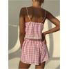 imageMakeMeChic Womens Y2k 2 Piece Outfit Gingham Lace V Neck Tie Front Cami Crop Tops and Shorts SetPink