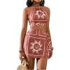 imageMakeMeChic 2 Piece Set for Women Summer Vacation Outfits Boho Halter Crop Tops and Wrap Skirt Shorts SetRed