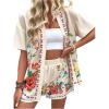 imageMakeMeChic Womens 2 Piece Beach Outfit Floral Open Front Kimono Cardigan and Shorts Matching SetApricot