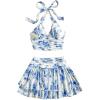 imageMakeMeChic Womens 2 Piece Outfit Floral Ruched Tie Backless Halter Crop Tops and Tiered Ruffle Skirt SetBlue and White