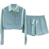 imageMakeMeChic Womens 2 Piece Outfit Striped Button Down Sets Casual Long Sleeve Crop Tops and ShortsGreen