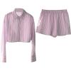 imageMakeMeChic Womens 2 Piece Outfit Striped Button Down Sets Casual Long Sleeve Crop Tops and ShortsPink