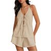 imageMakeMeChic Womens 2 Piece Set Summer Outfits Tie Front Backless Halter Top and Wide Leg Shorts SetApricot
