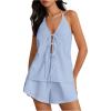 imageMakeMeChic Womens 2 Piece Set Summer Outfits Tie Front Backless Halter Top and Wide Leg Shorts SetBlue a