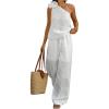 imageMakeMeChic Womens 2 Piece Summer Beach Outfit Linen 3D Floral One Shoulder Tank Tops and Wide Leg Pants SetWhite