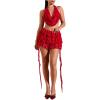imageMakeMeChic Womens 2 Piece Y2k Outfits Floral Lace Draped Front Open Back Halter Crop Tops and Skirt SetRed