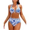 imageMakeMeChic Womens Bikini Sets Floral Print Halter Ring Linked High Waisted Bathing SuitBlue and White