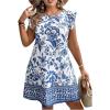 imageMakeMeChic Womens Boho Floral Print Crew Neck Dress Ruffle Trim Sleeveless Flowy Knee Length Summer DressesBlue and White