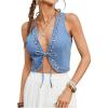 imageMakeMeChic Womens Cowgirl Denim Vest Western Floral Embroidery Tie Front Sleeveless Crop TopsBlue