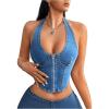 imageMakeMeChic Womens Denim Zip Up Halter Top Sleeveless Open Back Asymmetrical Hem Denim Crop TopsBlue