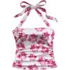 imageMakeMeChic Womens Floral Print Ruched Halter Top Sleeveless Backless Slim Fit Crop TopsPink Floral
