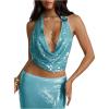 imageMakeMeChic Womens Going Out Tops Sexy Deep V Cowl Neck Blackless Sequin Halter TopTeal Blue Sequin