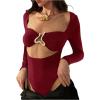 imageMakeMeChic Womens Long Sleeve Cut Out Metal Ring Bodysuit Going Out Leotard TopsRed