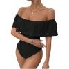imageMakeMeChic Womens Off Shoulder Ruffle Trim Eyelet Embroidered Strapless Tube Top BodysuitBlack