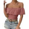 imageMakeMeChic Womens Off Shoulder Ruffle Trim Eyelet Embroidered Strapless Tube Top BodysuitPink