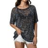 imageMakeMeChic Womens Summer Short Sleeve Tops Rock Concert Outfits Sequin See Through Mesh Sheer T Shirts BlouseBlack Galaxy