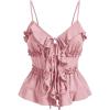 imageMakeMeChic Womens Tie Front Ruffle Camisole Top Frill Trim Flared Hem ShirtsPink