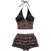imageMakeMeChic Womens Two Piece Y2k Outfit Cheetah Print Lace Halter Crop Tops and Tiered Ruffle Shorts SetMulticolor