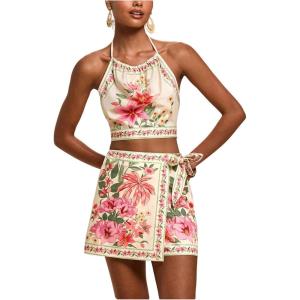 imageMakeMeChic 2 Piece Set for Women Summer Vacation Outfits Boho Halter Crop Tops and Wrap Skirt Shorts SetFloral Beige