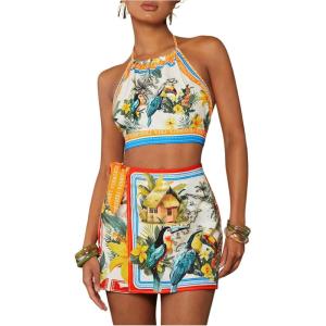 imageMakeMeChic 2 Piece Set for Women Summer Vacation Outfits Boho Halter Crop Tops and Wrap Skirt Shorts SetMulticolor