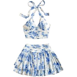 imageMakeMeChic Womens 2 Piece Outfit Floral Ruched Tie Backless Halter Crop Tops and Tiered Ruffle Skirt SetBlue and White