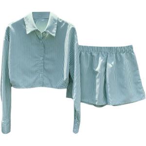 imageMakeMeChic Womens 2 Piece Outfit Striped Button Down Sets Casual Long Sleeve Crop Tops and ShortsGreen