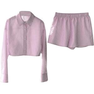 imageMakeMeChic Womens 2 Piece Outfit Striped Button Down Sets Casual Long Sleeve Crop Tops and ShortsPink