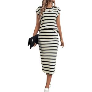 imageMakeMeChic Womens 2 Piece Outfits Striped Round Neck Cap Sleeve Tee Top and Bodycon Midi Skirts SetApricot
