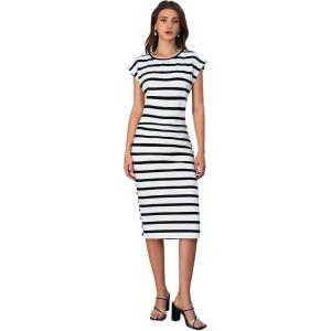 imageMakeMeChic Womens 2 Piece Outfits Striped Round Neck Cap Sleeve Tee Top and Bodycon Midi Skirts SetBlack and White