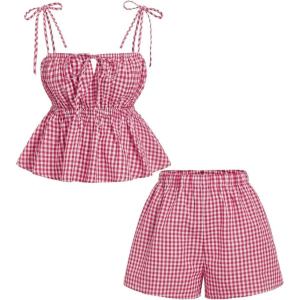 imageMakeMeChic Womens 2 Piece Outfits Striped Tie Shoulder Peplum Shirred Camisole and Shorts SetRed