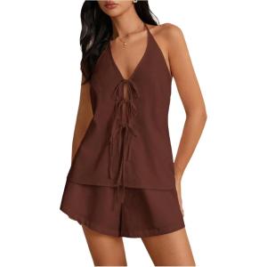 imageMakeMeChic Womens 2 Piece Set Summer Outfits Tie Front Backless Halter Top and Wide Leg Shorts SetCoffee Brown