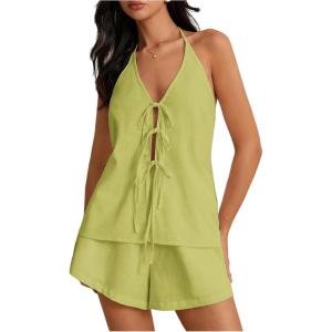 imageMakeMeChic Womens 2 Piece Set Summer Outfits Tie Front Backless Halter Top and Wide Leg Shorts SetLime Green