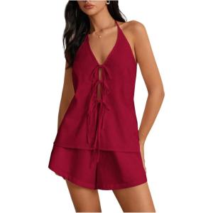 imageMakeMeChic Womens 2 Piece Set Summer Outfits Tie Front Backless Halter Top and Wide Leg Shorts SetRose Red