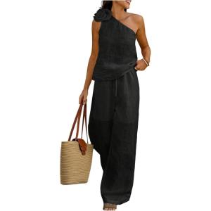 imageMakeMeChic Womens 2 Piece Summer Beach Outfit Linen 3D Floral One Shoulder Tank Tops and Wide Leg Pants SetBlack