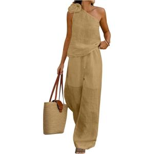 imageMakeMeChic Womens 2 Piece Summer Beach Outfit Linen 3D Floral One Shoulder Tank Tops and Wide Leg Pants SetKhaki