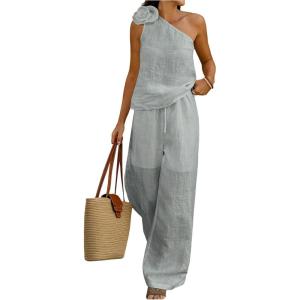 imageMakeMeChic Womens 2 Piece Summer Beach Outfit Linen 3D Floral One Shoulder Tank Tops and Wide Leg Pants SetLight Wash
