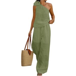 imageMakeMeChic Womens 2 Piece Summer Beach Outfit Linen 3D Floral One Shoulder Tank Tops and Wide Leg Pants SetMint Green