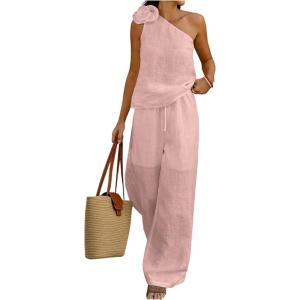 imageMakeMeChic Womens 2 Piece Summer Beach Outfit Linen 3D Floral One Shoulder Tank Tops and Wide Leg Pants SetPink