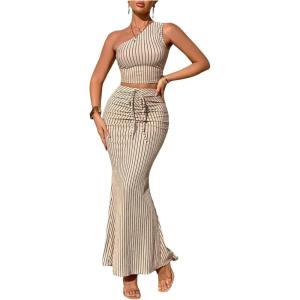 imageMakeMeChic Womens 2 Piece Summer Outfit Striped One Shoulder Crop Tops and Drawstring Maxi Skirt SetApricot