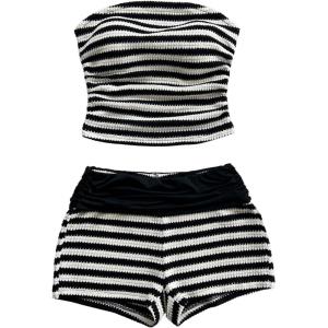 imageMakeMeChic Womens 2 Piece Summer Outfit Striped Strapless Ruched Tube Crop Tops and Shorts SetBlack and White