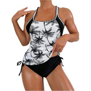 imageMakeMeChic Womens 2 Piece Tankini Sets Tropical Print Racer Back Tie Side Beach SwimsuitBlack and White